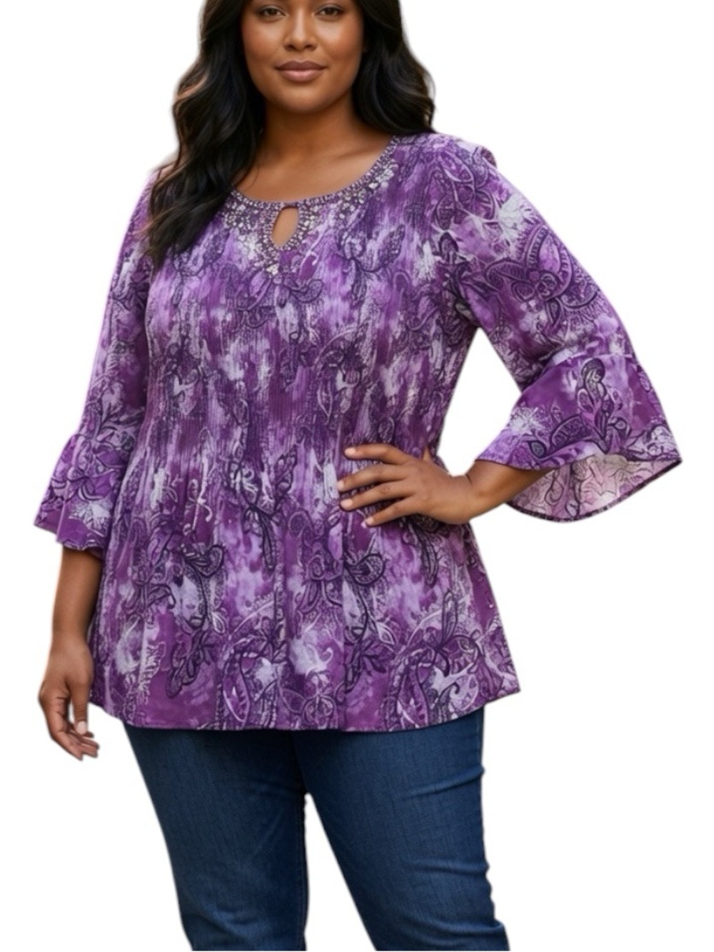 CATHERINE’S: Womens Plus Purple Scoop Neck Embellished Beaded Blouse -Size 3X